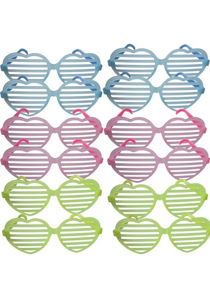 Camsız Fosforlu Kalp Şekilli 3 Renk Panjur Gözlük 12 Adet Glow Retro