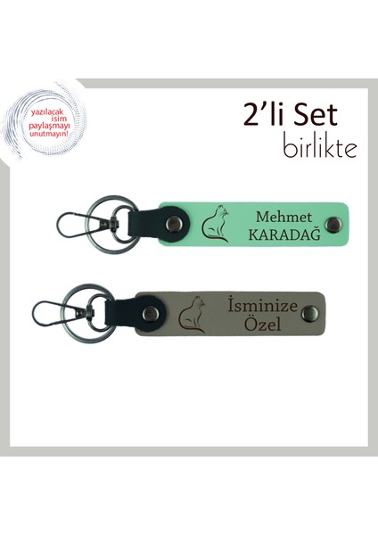 Tüy Gibi Hafif Bir Hediye, Kedi Figürlü, Kişisel Yazılı ve Isimli Anahtarlık Seti, Açık Yeşil-K Gri