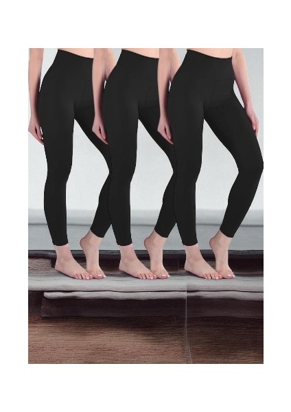 Kadın Toparlayıcı Yüksek Bel Siyah 3 Adet Spor Tayt – Esnek & Fit