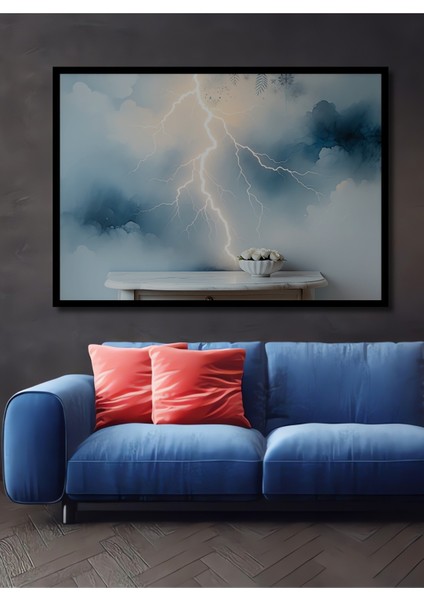 Çerçeve Görünümlü Fırtına Esintili Bulutlar ve Güller Yağlı Boya Görünümlü Ahşap Ofis Kare Tablo