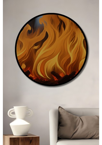 Çerçeve Görünümlü Alevlerin Dansı Yağlı Boya Görünümlü Dekoratif Ahşap Işyeri/ofis Yuvarlak Tablo