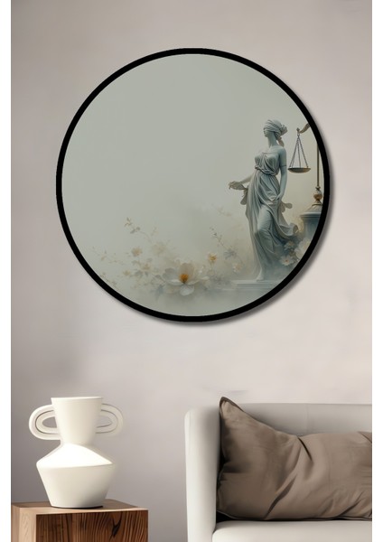 Çerçeve Görünümlü Adalet Tanrıçası Çiçek Bahçesi Yağlı Boya Görünümlü Ahşap Ofis Yuvarlak Tablo
