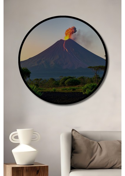 Çerçeve Görünümlü Volkanik Patlama Yağlı Boya Görünümlü Işyeri/ofis Dekoratif Ahşap Yuvarlak Tablo