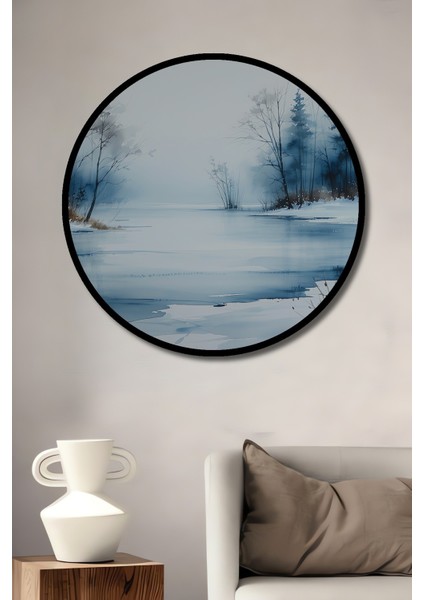 Çerçeve Görünümlü Buz Mavi Kış Rüyası Sulu Boya Görünümlü Dekoratif Ahşap Ofis Yuvarlak Tablo
