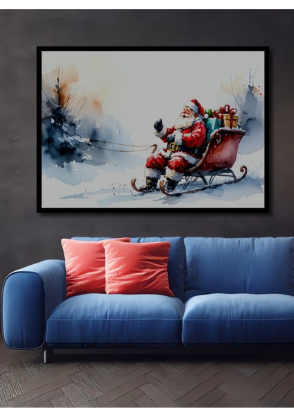 Çerçeve Görünümlü Noel Baba Kızak Sulu Boya Görünümlü Dekoratif Ahşap Ev/işyeri/ofis Kare Tablo