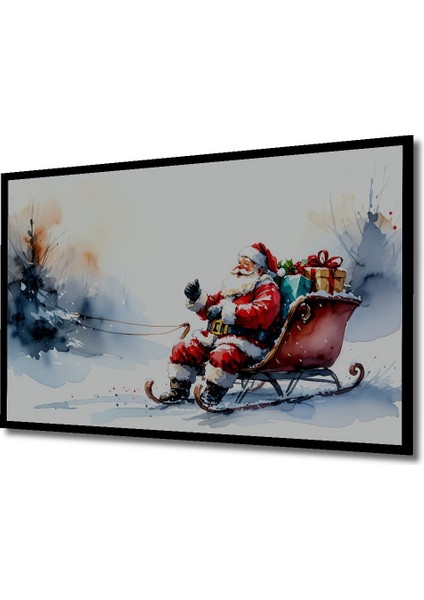 Çerçeve Görünümlü Noel Baba Kızak Sulu Boya Görünümlü Dekoratif Ahşap Ev/işyeri/ofis Kare Tablo fiyatları