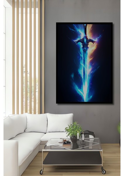 Çerçeve Görünümlü Efsanevi Kılıç Parlaklığı Yağlı Boya Görünümlü Dekoratif Ahşap Ofis Kare Tablo