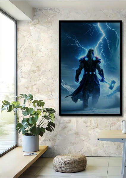 Çerçeve Görünümlü Thor Fırtına Tanrısı Yağlı Boya Görünümlü Dekoratif Ahşap Işyeri/ofis Kare Tablo