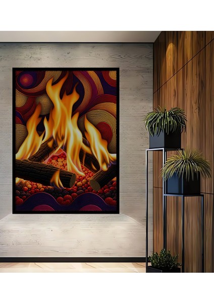 Çerçeve Görünümlü Ateş Dansı Yağlı Boya Görünümlü Dekoratif Ahşap Ev/işyeri/ofis Kare Tablo