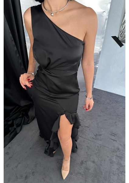 Ezel Glory Siyah Volanlı Saten Abiye modelleri