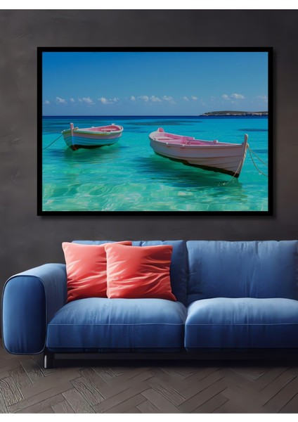 Çerçeve Görünümlü Turkuaz Denizde Pastel Renkli Tekne Rüyası Dekoratif Ahşap Işyeri/ofis Kare Tablo