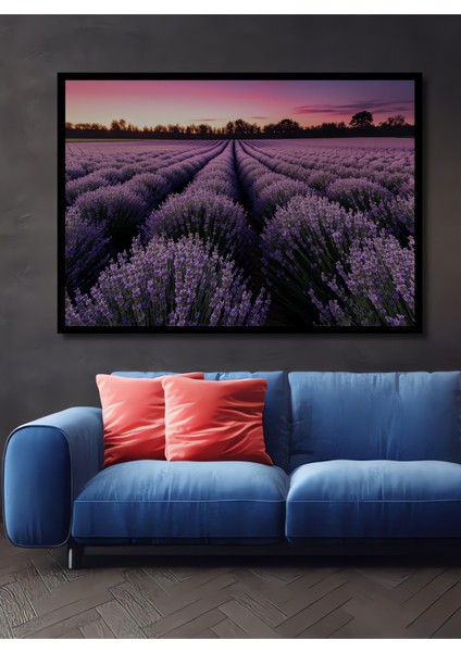 Çerçeve Görünümlü Mor Lavanta Tarlası Yağlı Boya Görünümlü Dekoratif Ahşap Işyeri/ofis Kare Tablo