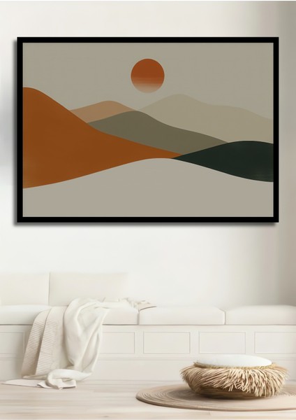 Çerçeve Görünümlü Minimalist Dağlar ve Turuncu Güneş Yağlı Boya Görünümlü Ahşap Ofis Kare Tablo