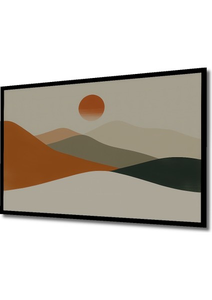 Çerçeve Görünümlü Minimalist Dağlar ve Turuncu Güneş Yağlı Boya Görünümlü Ahşap Ofis Kare Tablo fiyatları