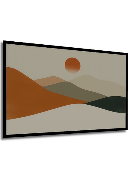 Çerçeve Görünümlü Minimalist Dağlar ve Turuncu Güneş Yağlı Boya Görünümlü Ahşap Ofis Kare Tablo modelleri