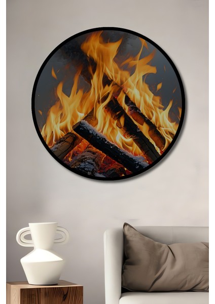 Çerçeve Görünümlü Karda Yanan Odun Ateşi Yağlı Boya Görünümlü Dekoratif Ahşap Ofis Yuvarlak Tablo