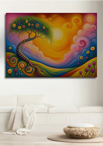 Gökkuşağı Ağaçlı Rüyalar Diyarı Yağlı Boya Görünümlü Ev/işyeri/ofis Dekoratif Ahşap Kare Tablo