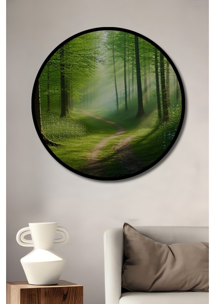 Çerçeve Görünümlü Yeşil Orman Yolu Yağlı Boya Görünümlü Dekoratif Ahşap Işyeri/ofis Yuvarlak Tablo