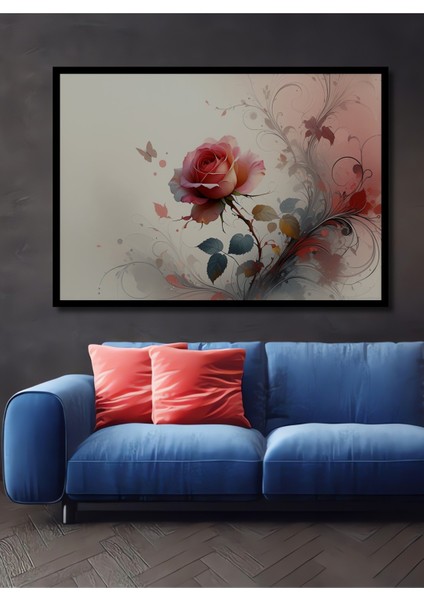 Çerçeve Görünümlü Romantik Gül ve Kelebek Sulu Boya Görünümlü Dekoratif Ahşap Ofis Kare Tablo