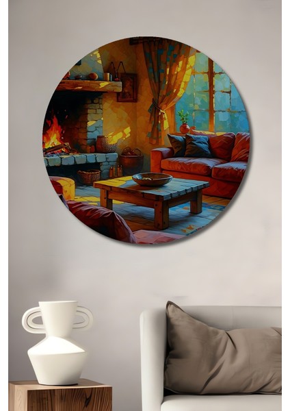 Şömine Işıltısı Yağlı Boya Görünümlü Nostaljik Ev Ev/işyeri/ofis Dekoratif Ahşap Yuvarlak Tablosu