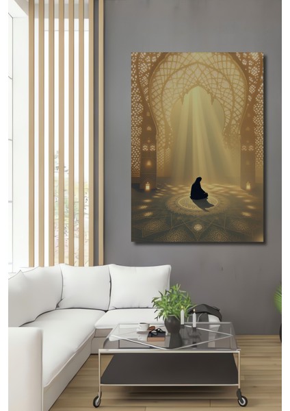 Islami Motifli Işık Huzmeleri Altında Meditasyon Dekoratif Ahşap Ev/işyeri/ofis Kare Tablo