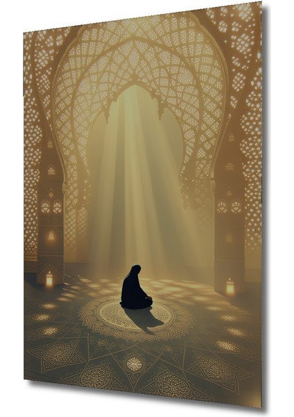 Islami Motifli Işık Huzmeleri Altında Meditasyon Dekoratif Ahşap Ev/işyeri/ofis Kare Tablo fiyatları