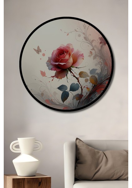 Çerçeve Görünümlü Romantik Gül ve Kelebek Sulu Boya Görünümlü Dekoratif Ahşap Ofis Yuvarlak Tablo