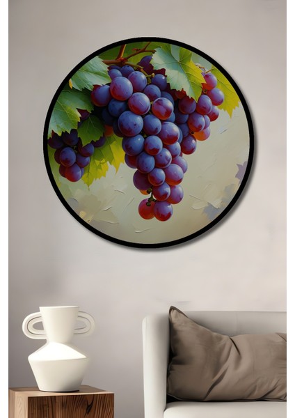 Çerçeve Görünümlü Bereketli Üzüm Bağları Yağlı Boya Görünümlü Dekoratif Ahşap Ofis Yuvarlak Tablo