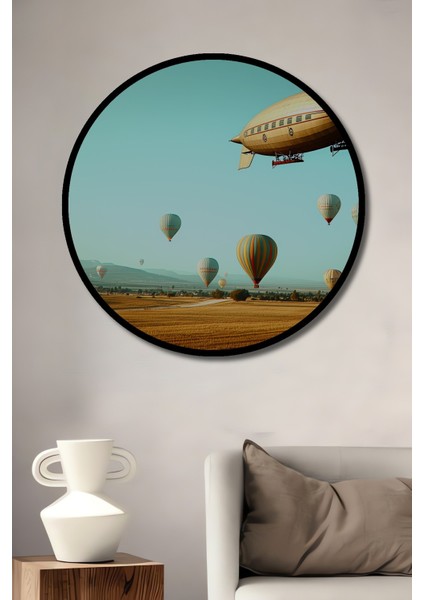 Çerçeve Görünümlü Zeplin ve Balonlar Yağlı Boya Görünümlü Modern Sanat Ofis Ahşap Yuvarlak Tablo
