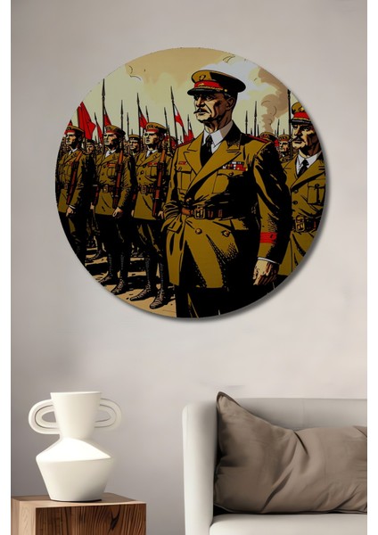 Atatürk ve Askerleri Çizgi Roman Görünümlü Dekoratif Ahşap Ev/işyeri/ofis Yuvarlak Tablo