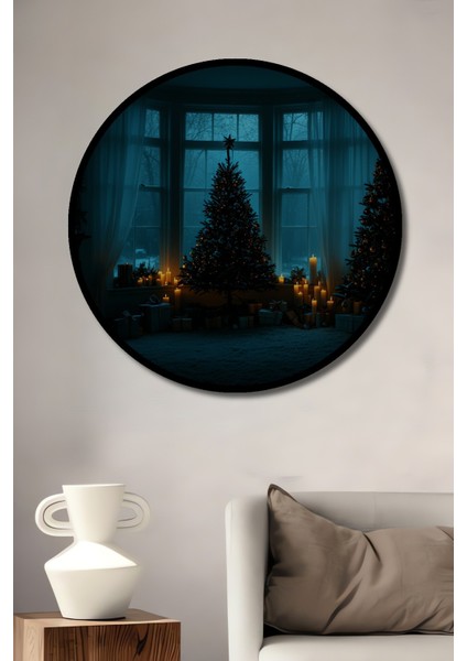Çerçeve Görünümlü Noel Ağaçları Mumlar Yağlı Boya Görünümlü Dekoratif Ahşap Ofis Yuvarlak Tablo