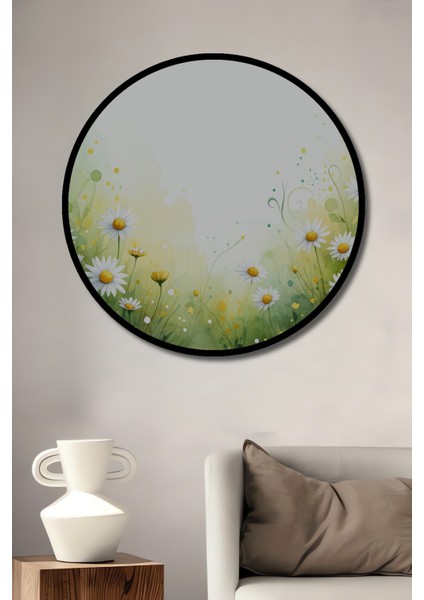 Çerçeve Görünümlü Papatyalarla Bahar Sulu Boya Görünümlü Dekoratif Ahşap Işyeri/ofis Yuvarlak Tablo