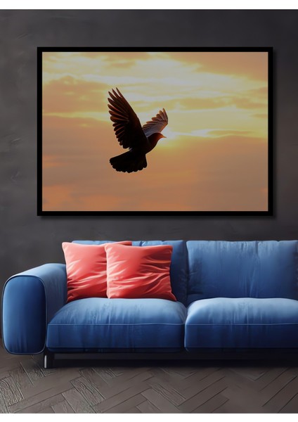 Çerçeve Görünümlü Gün Batımında Uçan Güvercin Yağlı Boya Görünümlü Dekoratif Ahşap Ofis Kare Tablo