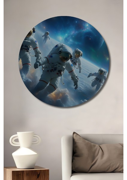 Astronotlar Evrende Yağlı Boya Görünümlü Dekoratif Ahşap Ev/işyeri/ofis Yuvarlak Tablo