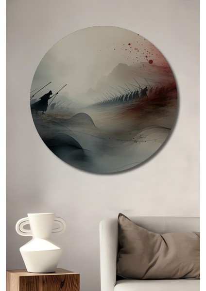 Epik Savaşçıların Sulu Boya Görünümlü Dekoratif Ahşap Ev/işyeri/ofis Yuvarlak Tablosu