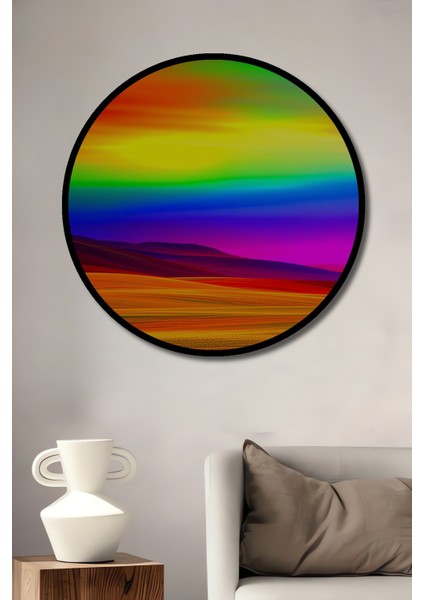 Çerçeve Görünümlü Gökkuşağı Rüyası Yağlı Boya Görünümlü Dekoratif Ahşap Işyeri/ofis Yuvarlak Tablo
