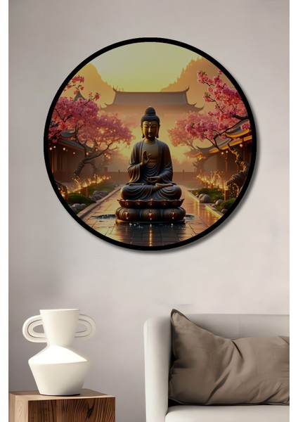 Çerçeve Görünümlü Sakura Çiçekleri ve Buda Meditasyon Yağlı Boya Görünümlü Ahşap Ofis Tablo
