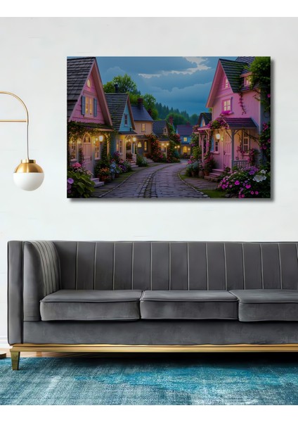 Çiçek Bahçeli Evler Yağlı Boya Görünümlü Ev/işyeri/ofis Dekoratif Ahşap Kare Tablo