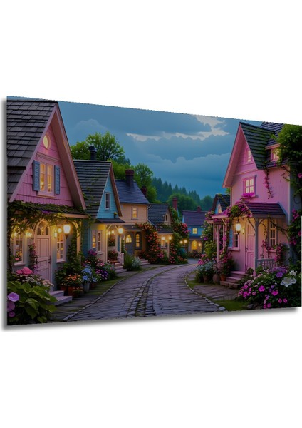 Çiçek Bahçeli Evler Yağlı Boya Görünümlü Ev/işyeri/ofis Dekoratif Ahşap Kare Tablo modelleri