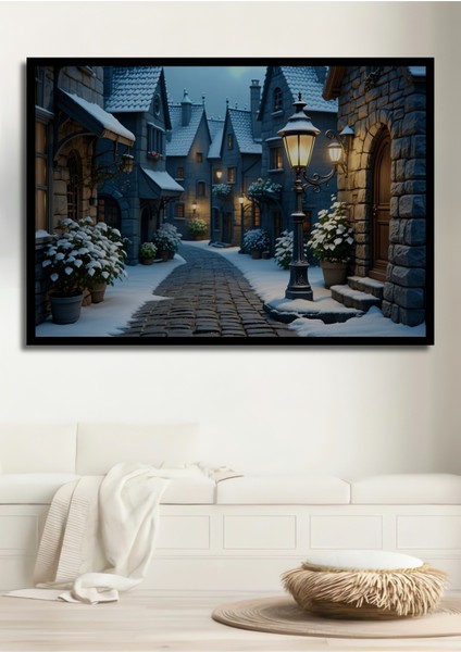 Çerçeve Görünümlü Karlar Altında Taş Evler Yağlı Boya Görünümlü Dekoratif Ahşap Ofis Kare Tablo