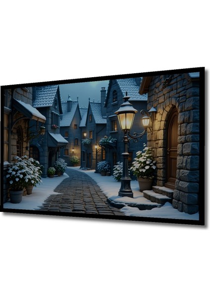 Çerçeve Görünümlü Karlar Altında Taş Evler Yağlı Boya Görünümlü Dekoratif Ahşap Ofis Kare Tablo fiyatları