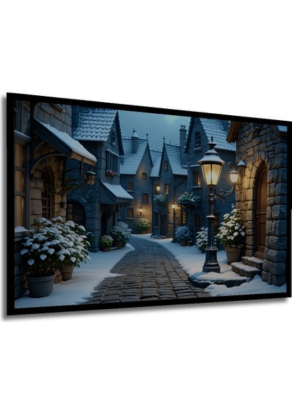 Çerçeve Görünümlü Karlar Altında Taş Evler Yağlı Boya Görünümlü Dekoratif Ahşap Ofis Kare Tablo modelleri