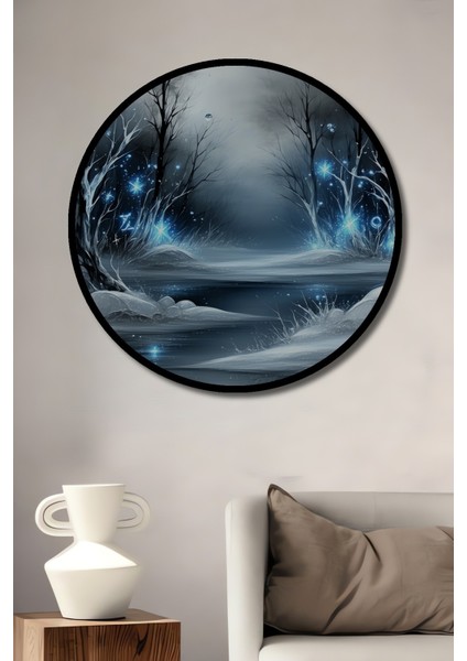 Çerçeve Görünümlü Buzlu Nehir Sulu Boya Görünümlü Dekoratif Ahşap Dekoratif Ofis Yuvarlak Tablo