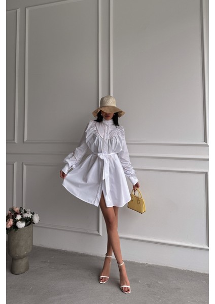 Ezel Glory Önden Düğmeli Poplin Kloş Elbise Bağlama Kemer Detaylı - Beyaz