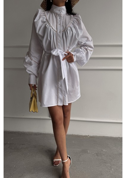 Ezel Glory Önden Düğmeli Poplin Kloş Elbise Bağlama Kemer Detaylı - Beyaz modelleri