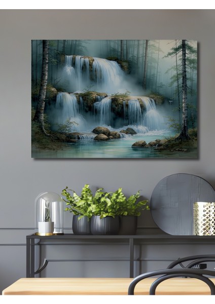 Sulu Boya Görünümlü Şelale Ormanı Dekoratif Ahşap Ev/işyeri/ofis Kare Tablo