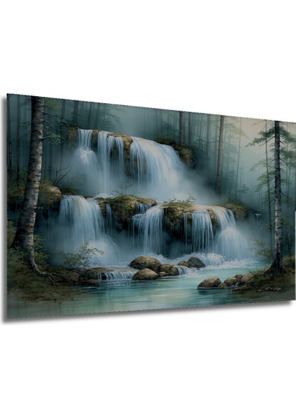 Sulu Boya Görünümlü Şelale Ormanı Dekoratif Ahşap Ev/işyeri/ofis Kare Tablo modelleri