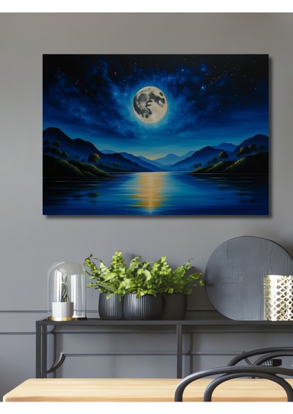 Gökyüzü Dolunay Göl Yağlı Boya Görünümlü Dekoratif Ahşap Ev/işyeri/ofis Kare Tablo