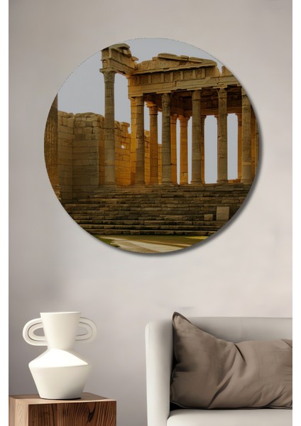 Antik Yunan Tapınağı Yağlı Boya Görünümlü Dekoratif Ahşap Ev/işyeri/ofis Yuvarlak Tablo