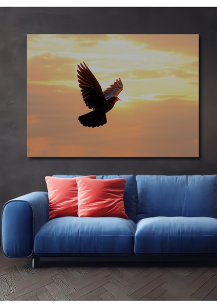 Gün Batımında Uçan Güvercin Yağlı Boya Görünümlü Dekoratif Ahşap Ev/işyeri/ofis Kare Tablo